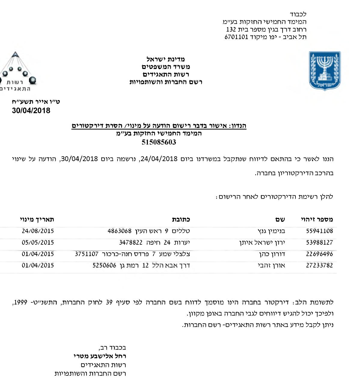 המימד החמישי רשות התאגידים רשימת דירקטורים ב 30-4-2018