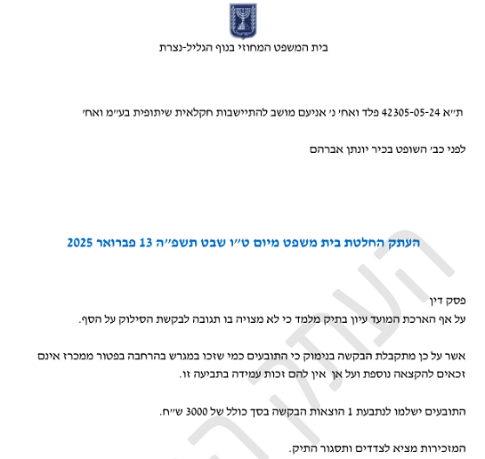 פסד יונתן אברהם מוחק תביעה לעוד דוד פלד שהוא בצו 8 מילואים 42305-05-24