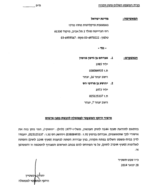 יהודה ויינשטיין אישור יועמש להעמדה לדין על הסתה נגד פלסטינים
